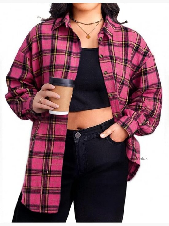 Tops - Plus Size Lightweight Flannel Button Down Shirt Blouses Casual Boyfriend Shacket